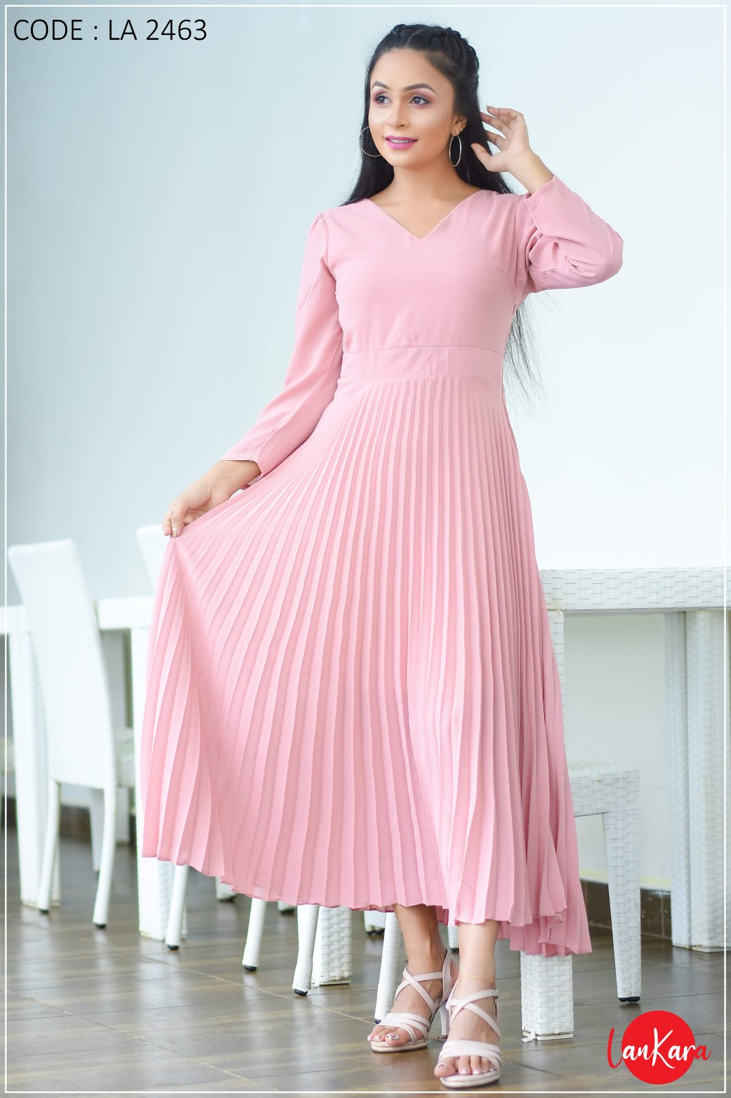 Long Sleeves Pinky Pleated Dress - Lankara Clothing