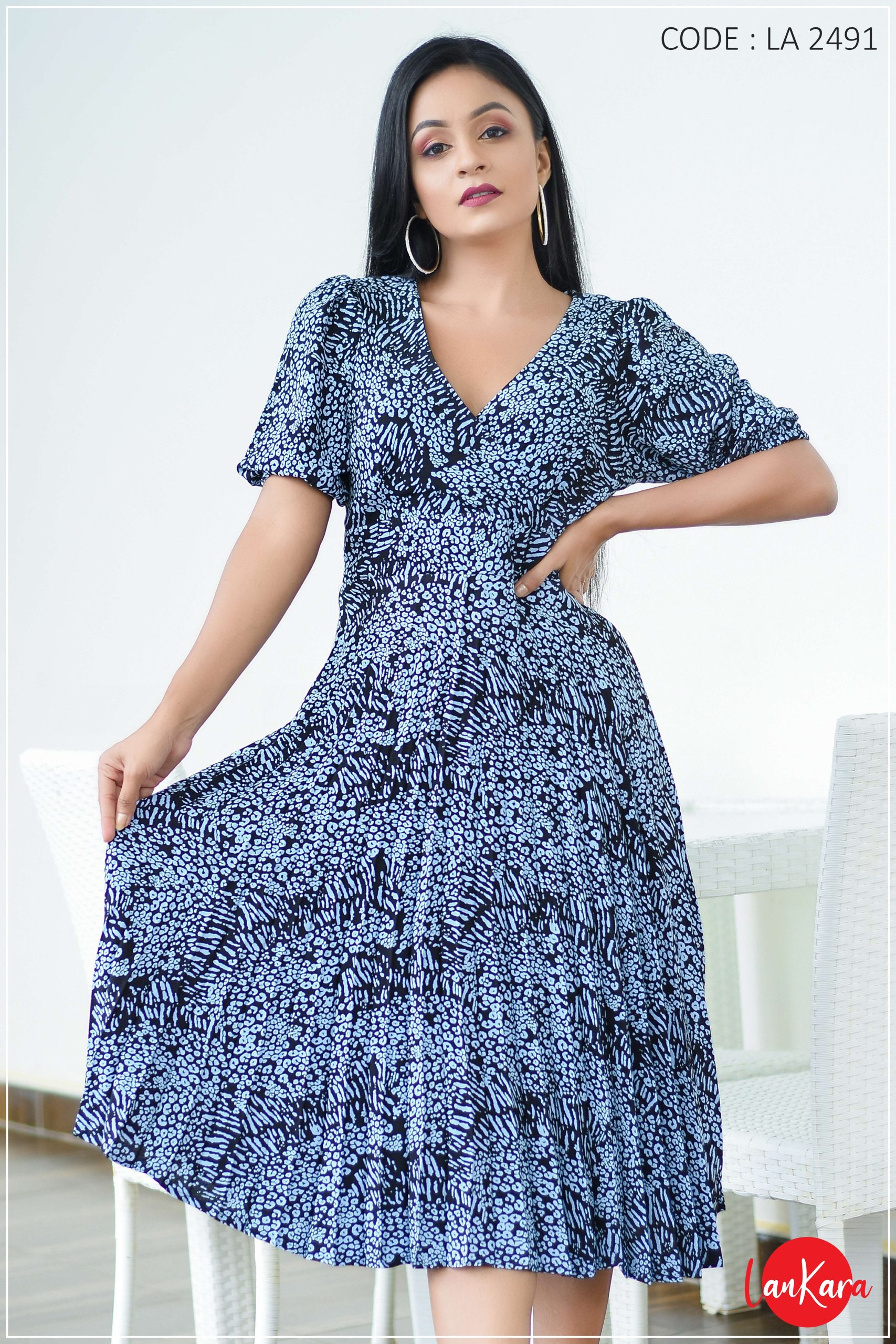 Blue Floral Pleated Dress - Lankara Clothing